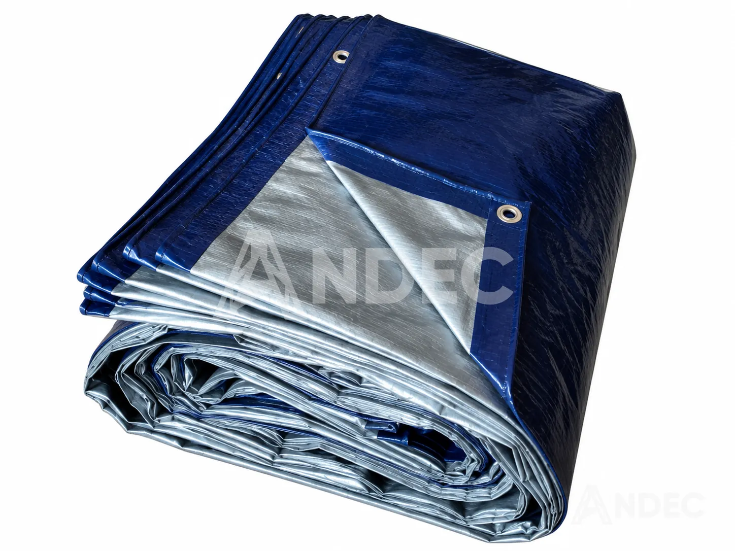 Manta de tarflex 25 × 25 m · manta de tarflex azul oscuro y plata plegada, con ojales metálicos
