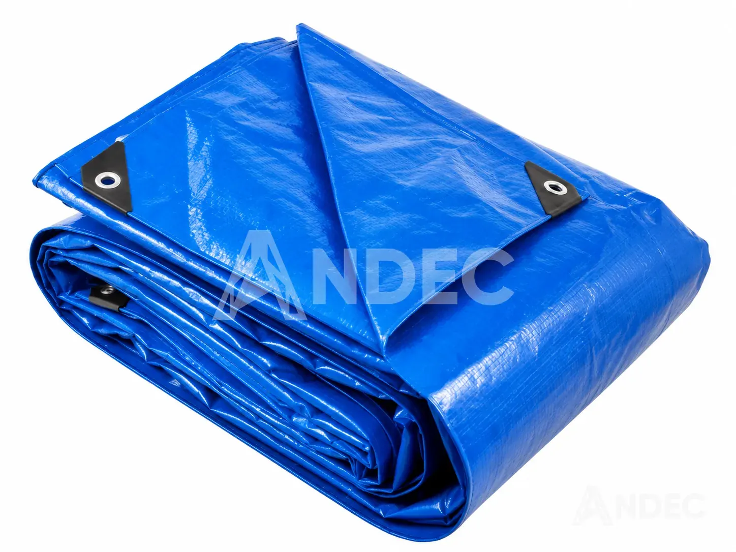 Manta de tarflex 25 × 25 m · manta de tarflex azul plegada, con esquinas reforzadas y ojales