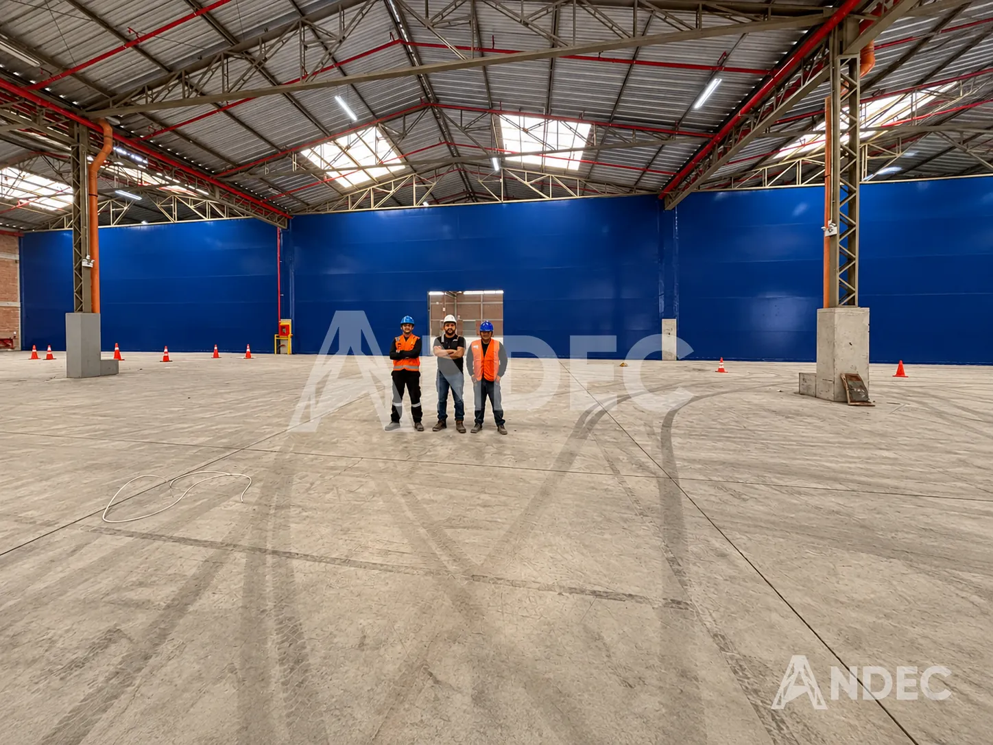 Equipo de ANDEC con cascos y chalecos frente a la pared lateral de lona PVC azul terminada