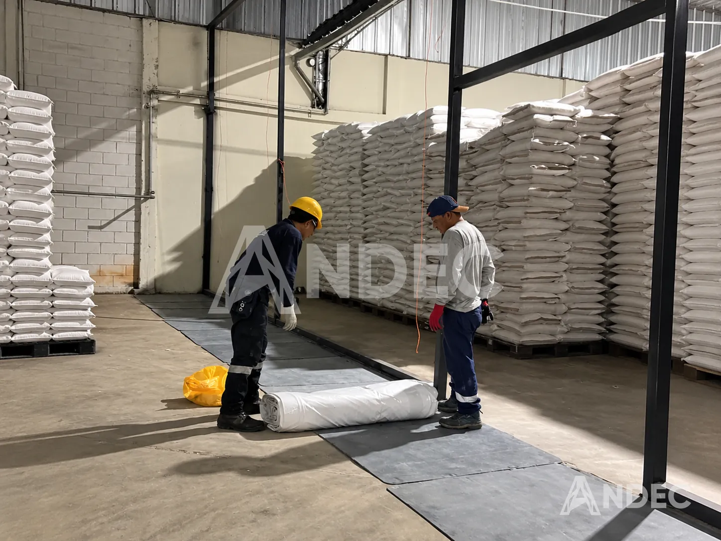 Dos operarios desenrollando un rollo de lona PVC blanca en el piso del almacén, junto a sacos de grano apilados
