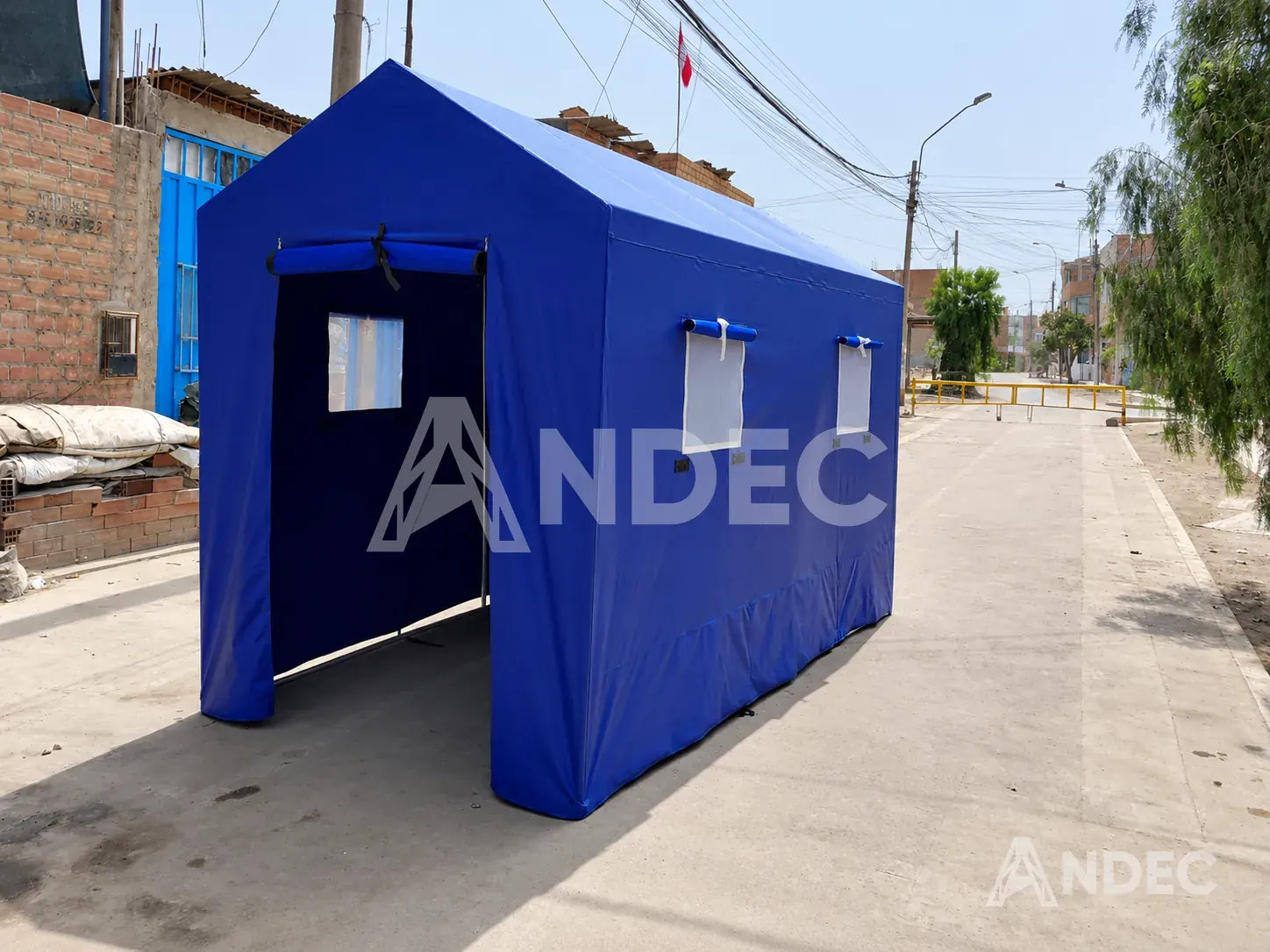 Carpa dos aguas en lino impermeable azul de 3 × 4 m con la puerta enrollada