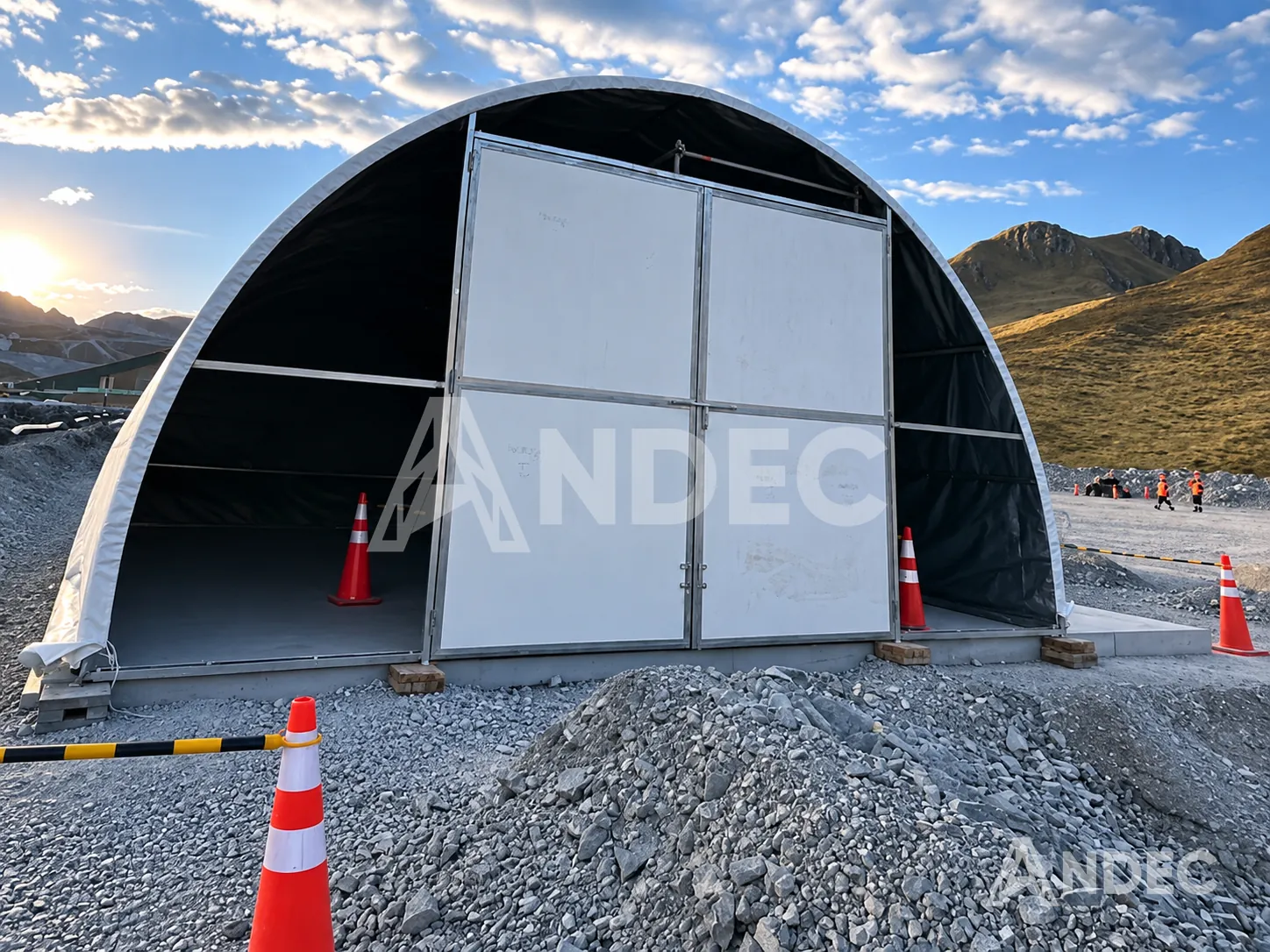 Carpa iglú de 6 × 20 m en lona PVC con puerta de acero, en un campamento minero