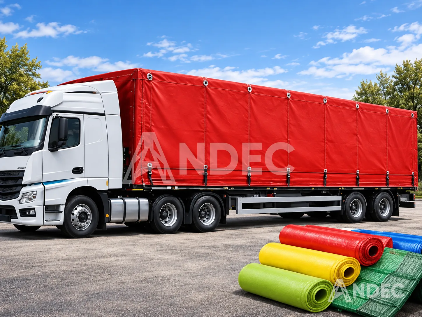 Semirremolque con cortina corrediza en lona PVC roja junto a rollos de lona de colores