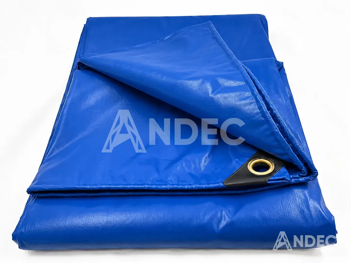 Toldo de lona PVC liviana azul plegado, con ojal metálico en la esquina