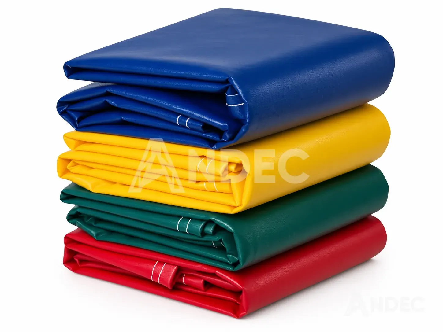 Toldos de lona PVC de 610 gr/m² plegados en azul, amarillo, verde y rojo