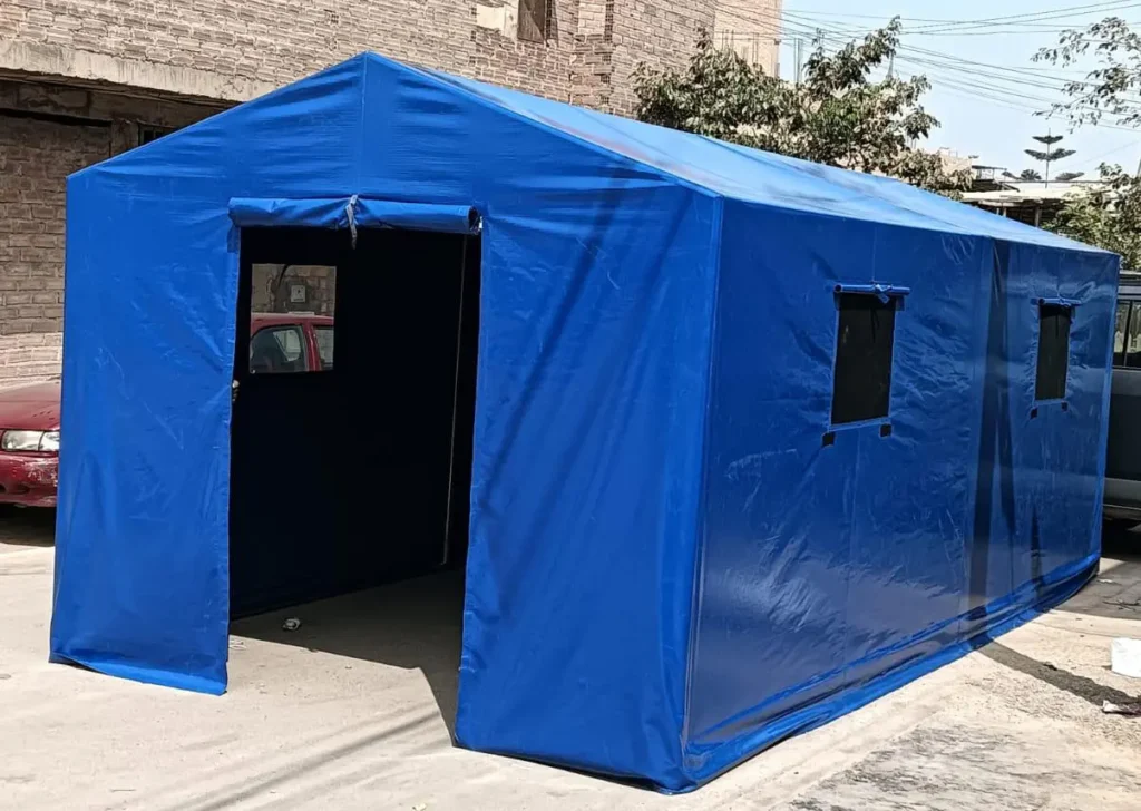 Fabricación de carpa dos aguas en color azul con lino impermeable